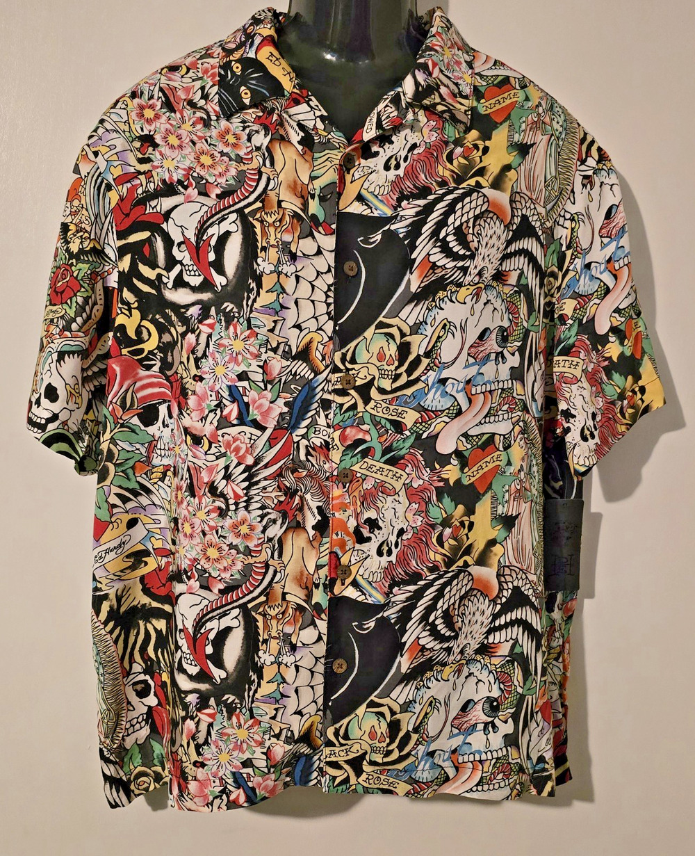 Ed Hardy Men’s Size L Tattoo Collage Camp Shirt Lightweight - Multi Color NEW